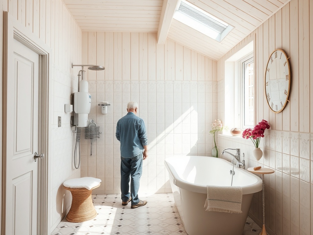 Светлый ванное помещение с ванной, душем и мужчиной в джинсах, смотрящим на стену. Романтичные цветы на подоконнике.