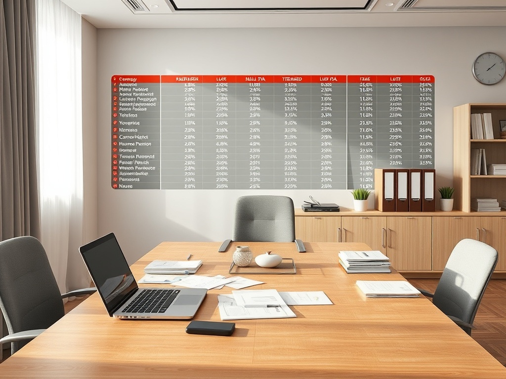 На стене офиса таблица с данными по категориям и показателям. Стол с документами и ноутбуком.