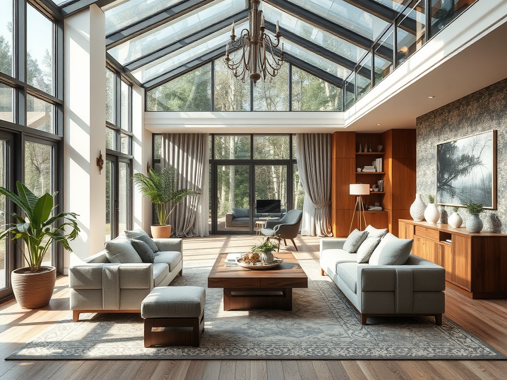 Светлая гостиная с большими окнами, уютной мебелью и зелеными растениями, открывающая вид на природу.