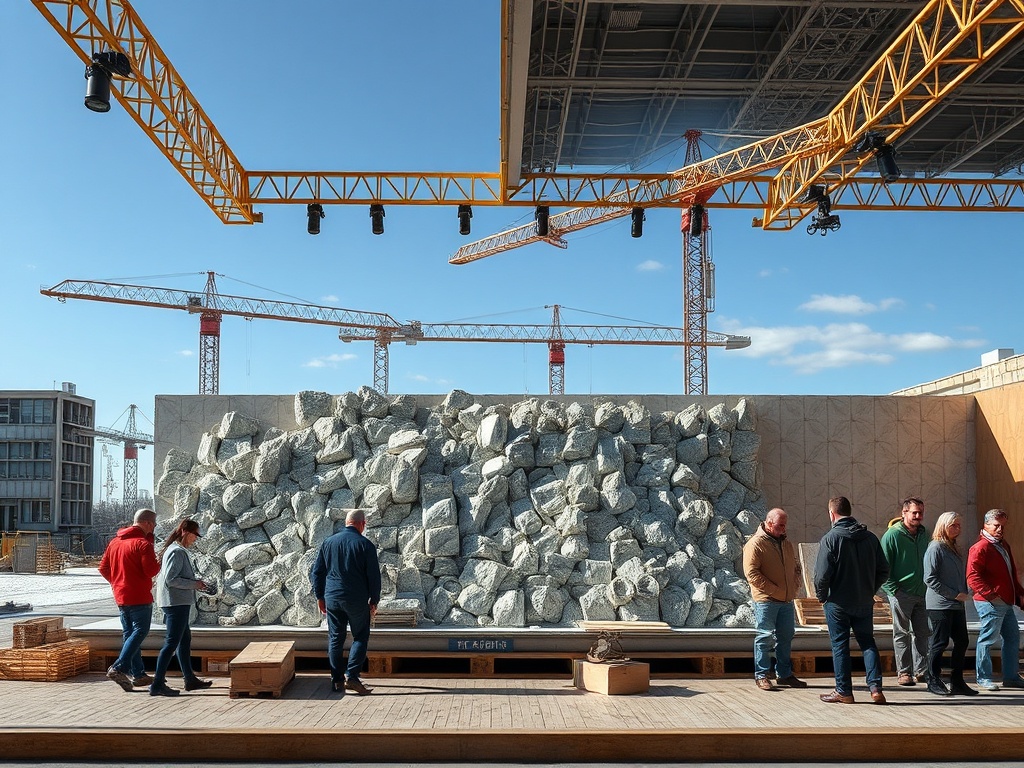 На строительной площадке люди рассматривают стену из камней, вокруг работают краны и строятся здания.
