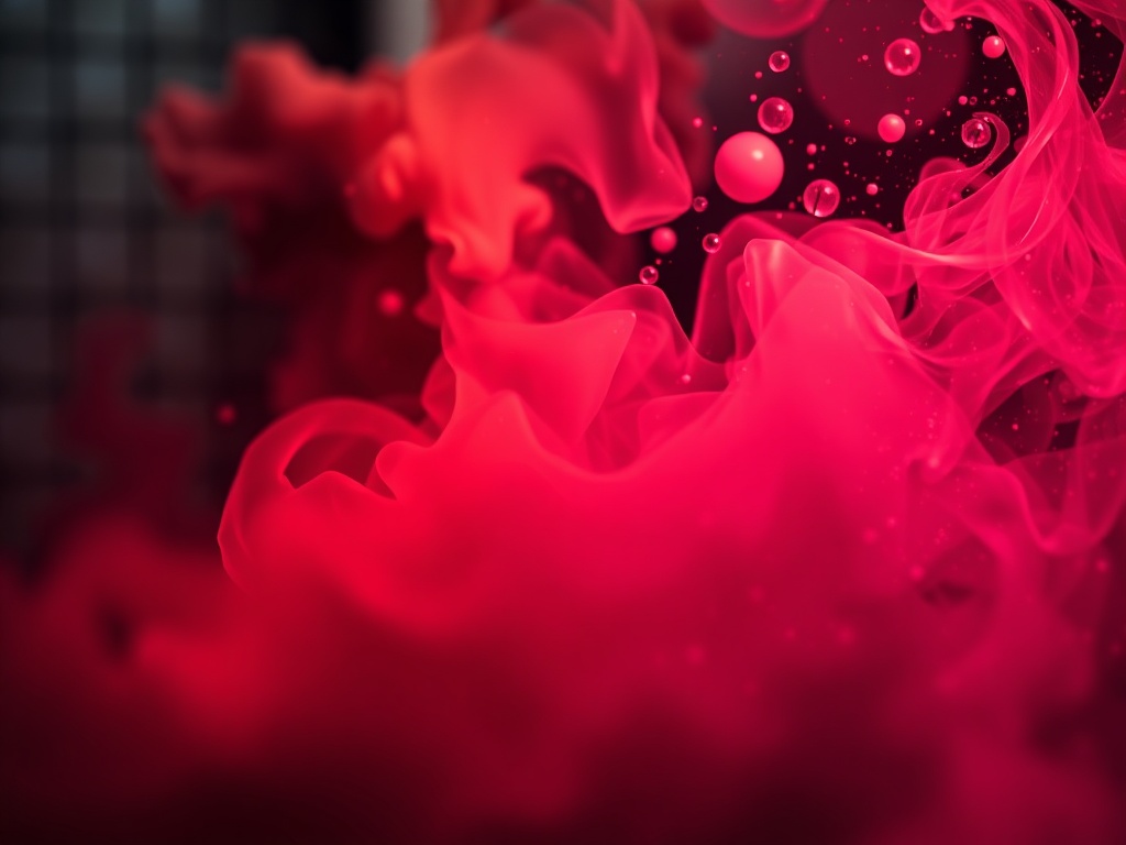 Красные волны жидкости с пузырьками, создающие впечатление движения и мягкости на темном фоне.