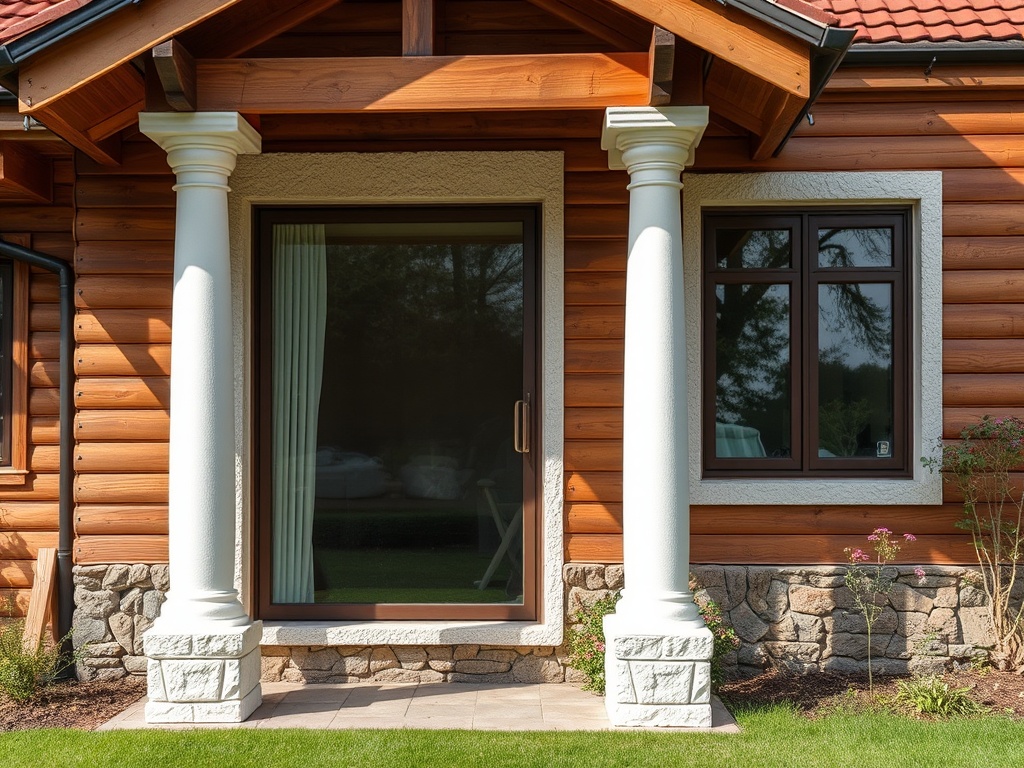 Красивый деревянный дом с колоннами и большими окнами, окруженный зеленым газоном и цветами.