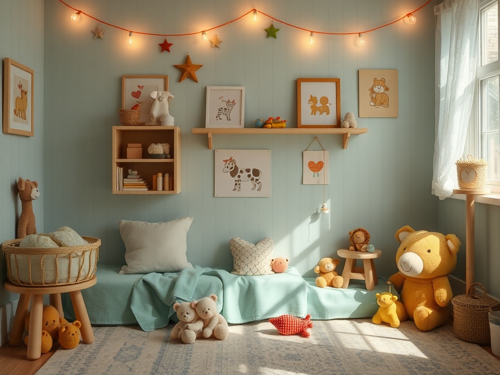 Уютная детская комната с мягкими игрушками и ярким освещением. Стены украшены рисунками и звездами.