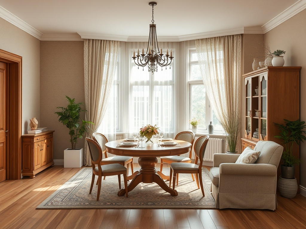 Светлая обеденная комната с деревянной мебелью, красивыми шторами и растениями в уютной атмосфере.