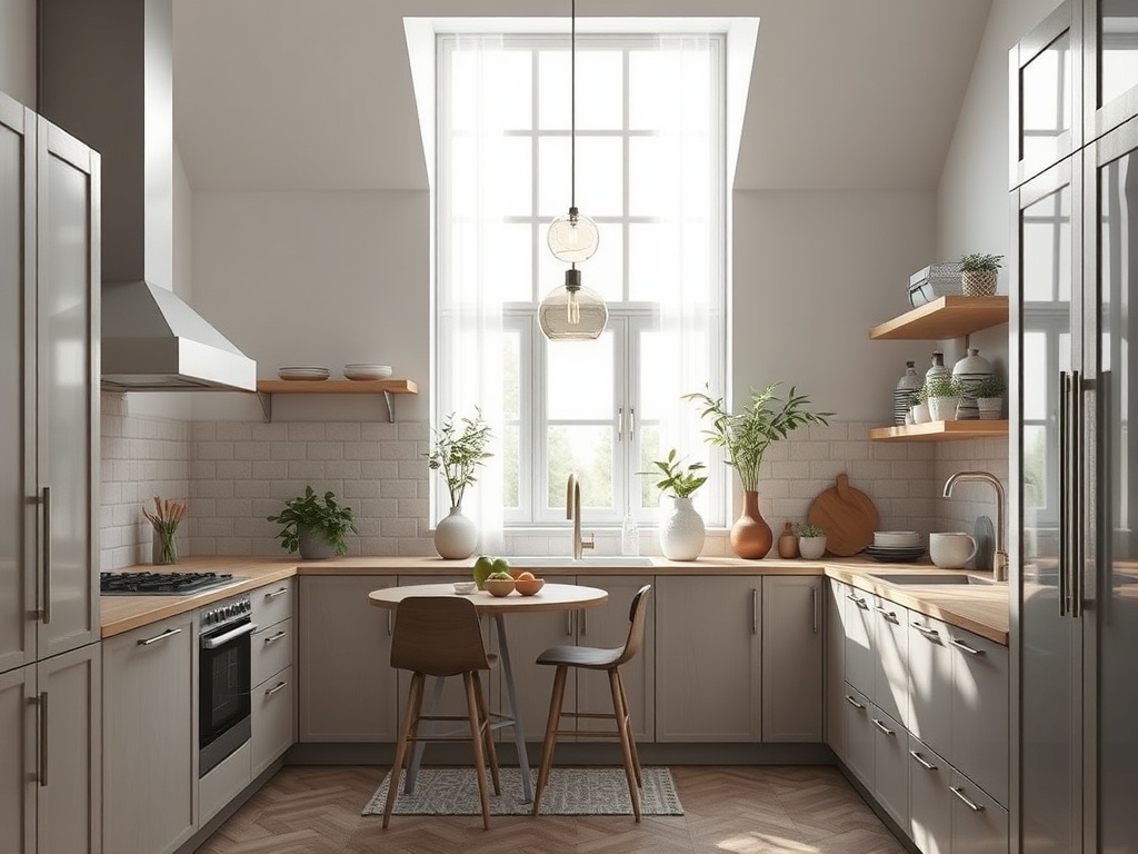 Современная кухня с деревянными мебельными элементами, зелеными растениями и большим окном для естественного света.