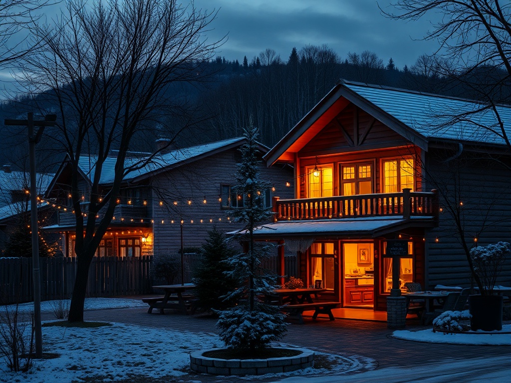 Зимний вечер. Уютный дом с огнями, окружённый снегом и деревьями, создаёт атмосферу тепла и спокойствия.