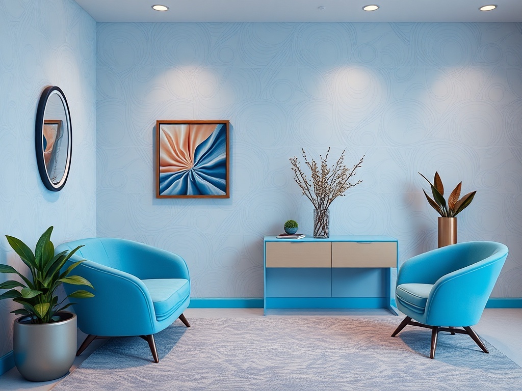 Современный интерьер с голубыми креслами, растениями и картиной на стене. Сдержанный и стильный декор.