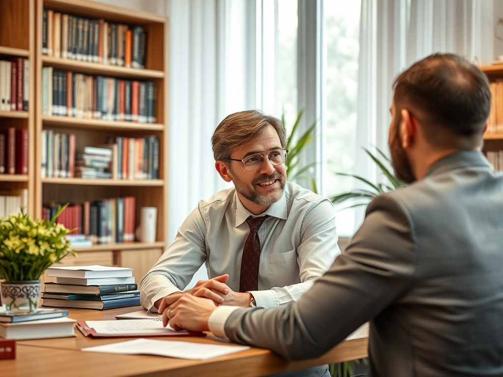 Два человека в деловой обстановке беседуют за столом, вокруг книги и офисные принадлежности.