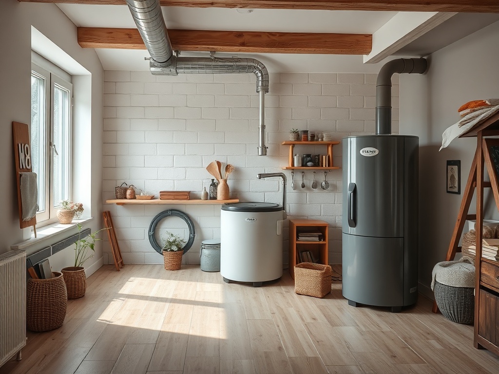 Современная кухня с серыми холодильником и раковиной, деревянными полками и растениями в уютной обстановке.