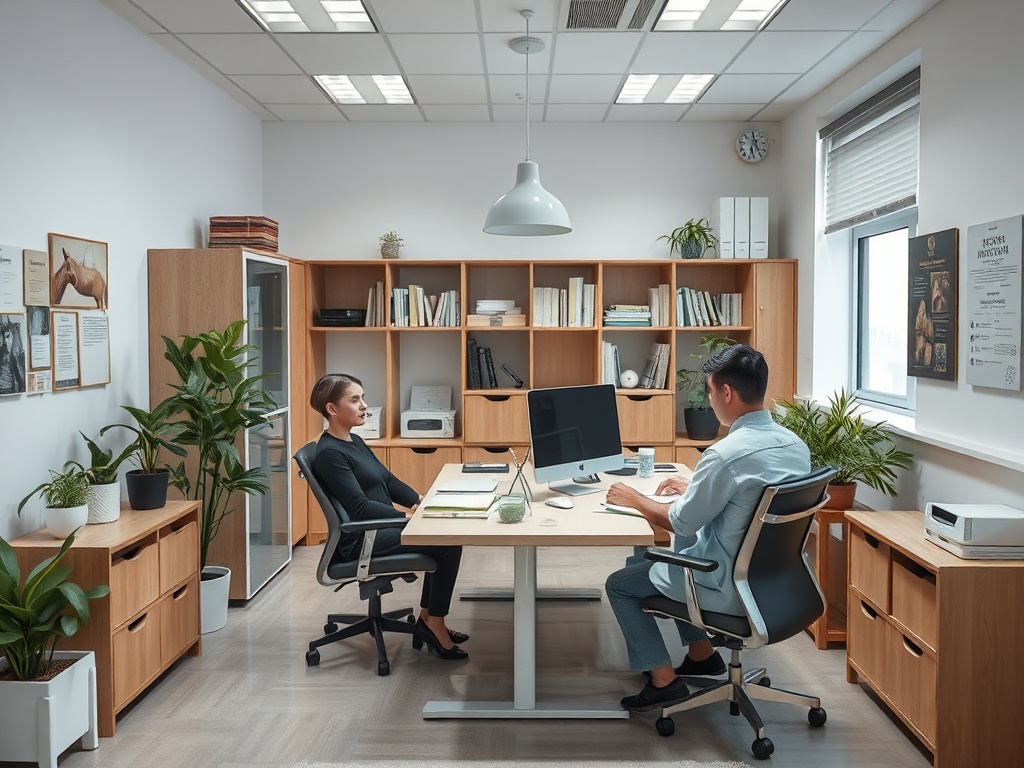 Современный офис: две растения, стол, компьютеры, книги и разговор между мужчиной и женщиной.
