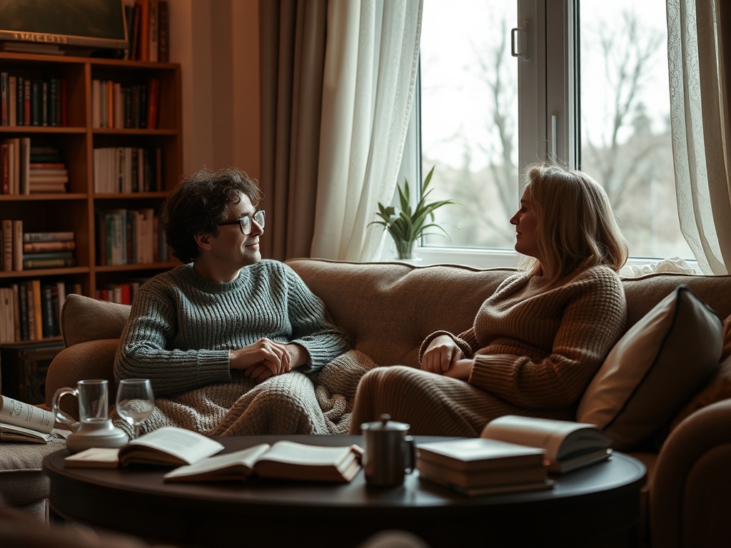 Два человека беседуют на диване в уютной комнате, окружённые книгами и мягким светом.