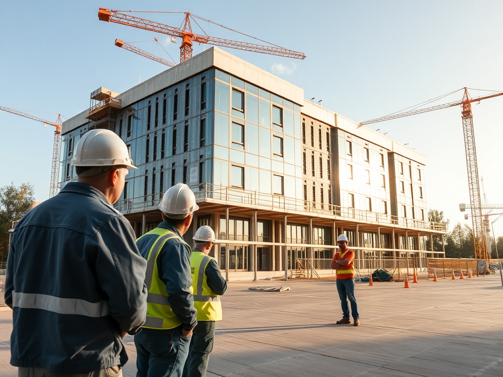На стройплощадке несколько рабочих с касками обсуждают строительство нового здания на фоне крана.