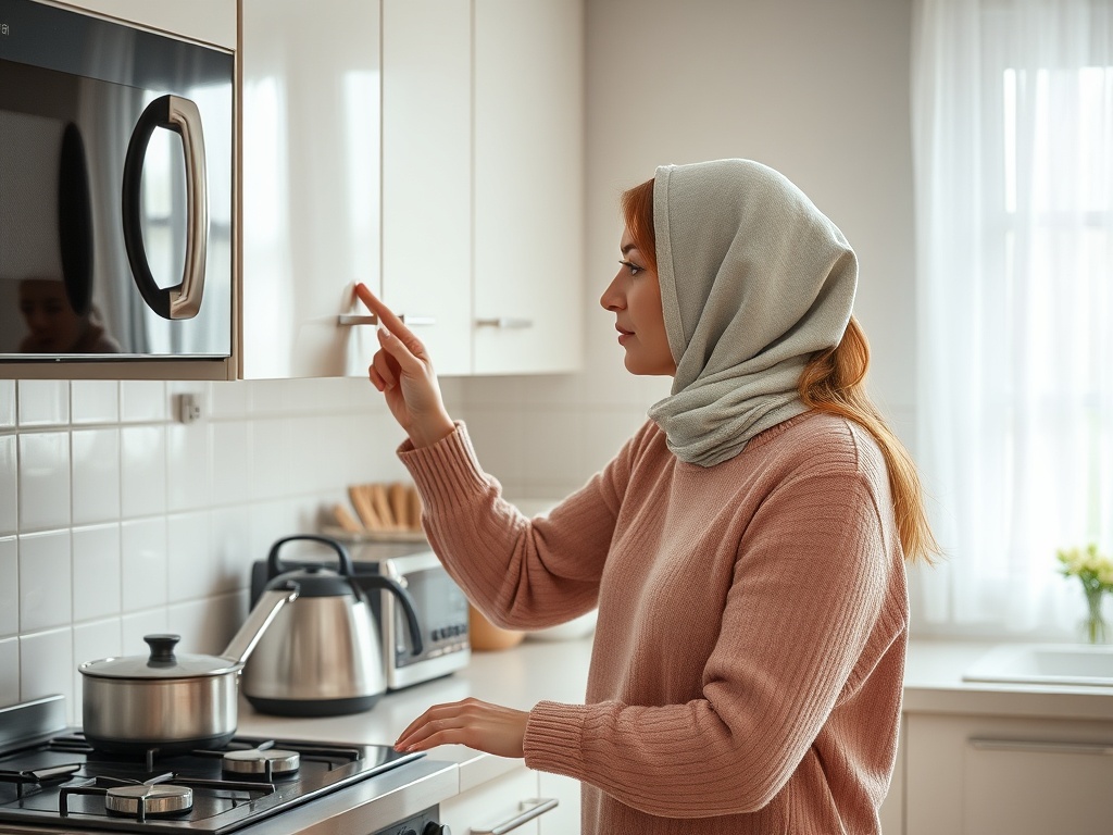 Женщина в светлом свитере и платке на кухне настраивает микроволновую печь. Вокруг чистота и уют.