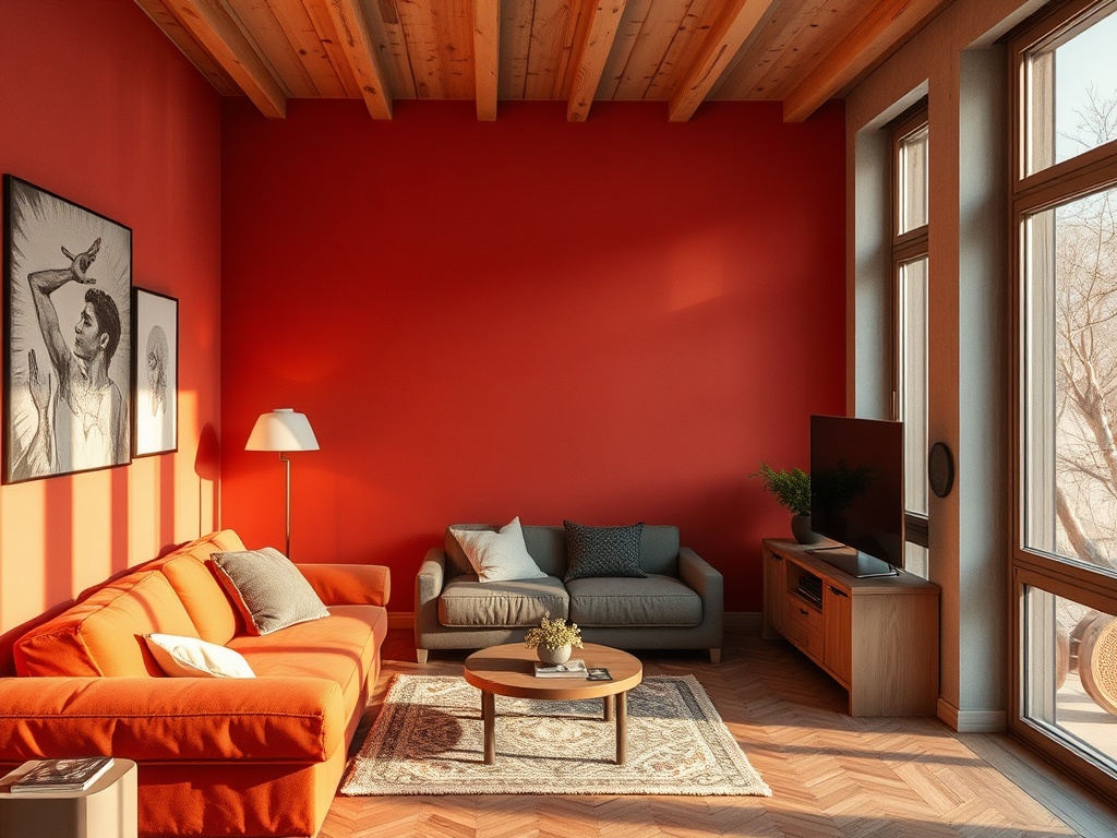 Современный интерьер гостиной с красной стеной, диванами и телевизором у окна. Яркое освещение и уютная атмосфера.