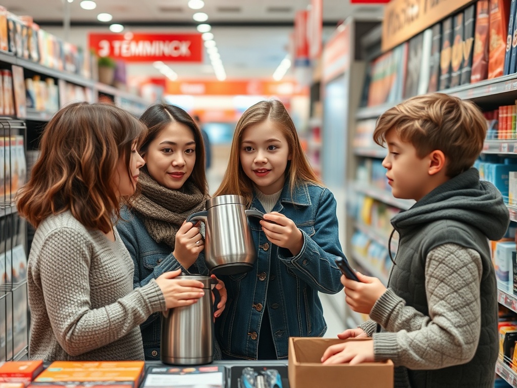 Четыре человека в магазине рассматривают товары, обмениваясь мнениями и улыбками.