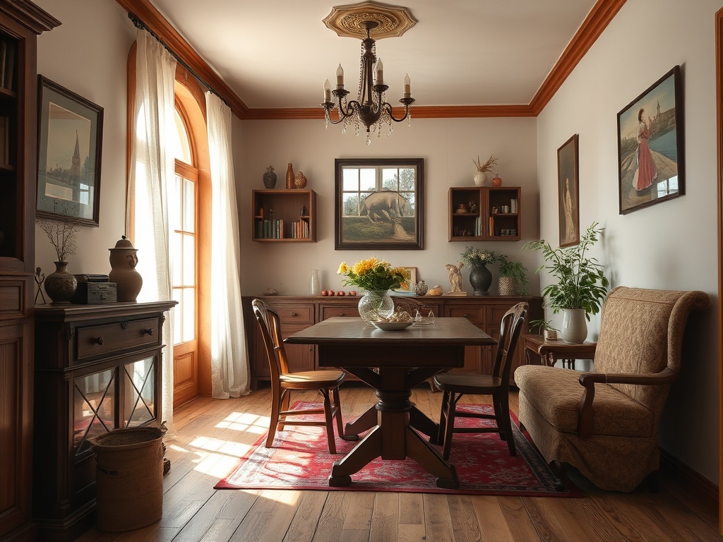 Светлая столовая с деревянной мебелью, цветами на столе и картинами на стенах. Теплая и уютная атмосфера.