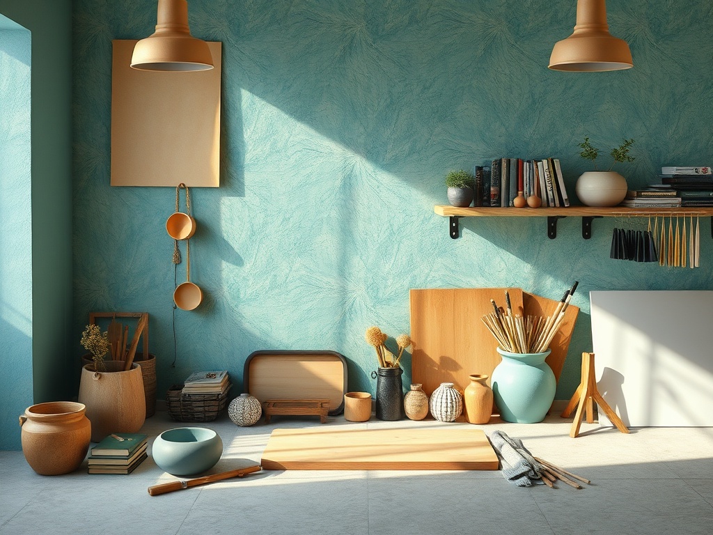 Современное мастерское пространство с бирюзовой стеной, столешницей и разнообразными художественными принадлежностями.