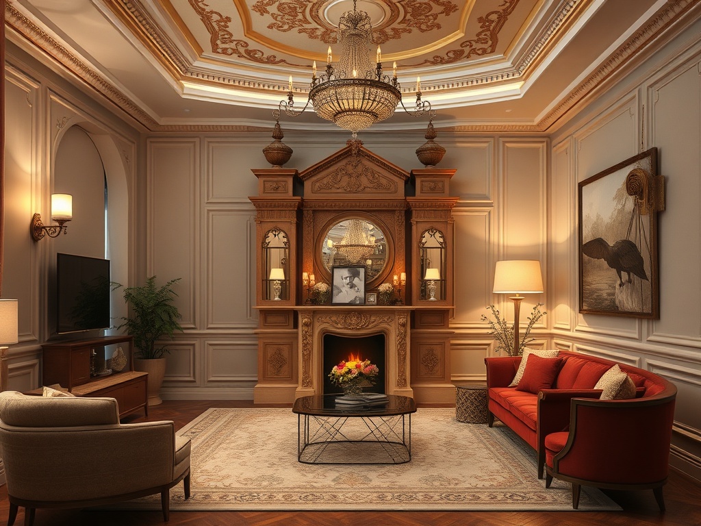 Элегантная гостиная с камином, уютной мебелью и роскошной люстрой на потолке. Теплая атмосфера и стильный декор.