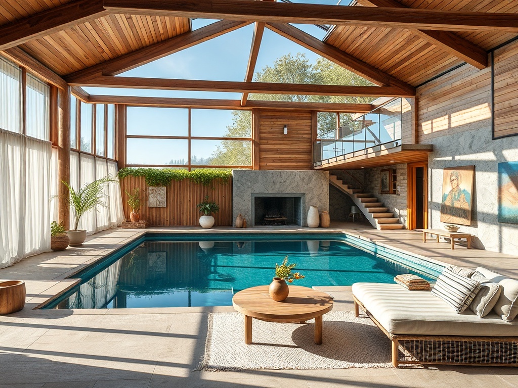 Светлое помещение с бассейном, деревянными стенами и дорожками, зелеными растениями и уютной мебелью.