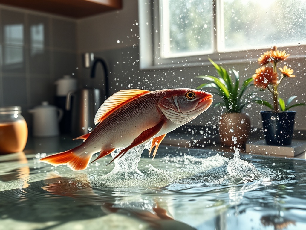 На солнце прыгает рыба, вода разбрызгивается. На фоне стол и горшечные растения.