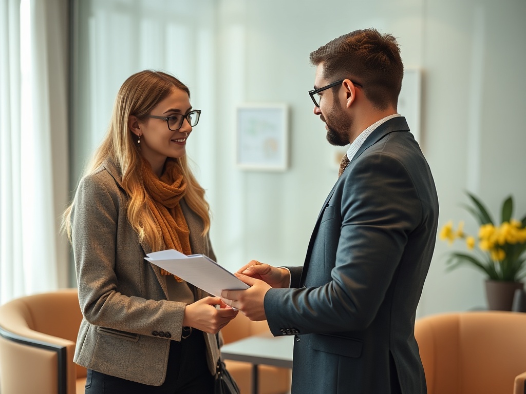 Два человека в деловых костюмах беседуют, держат бумаги, на фоне уютного офиса с цветами.