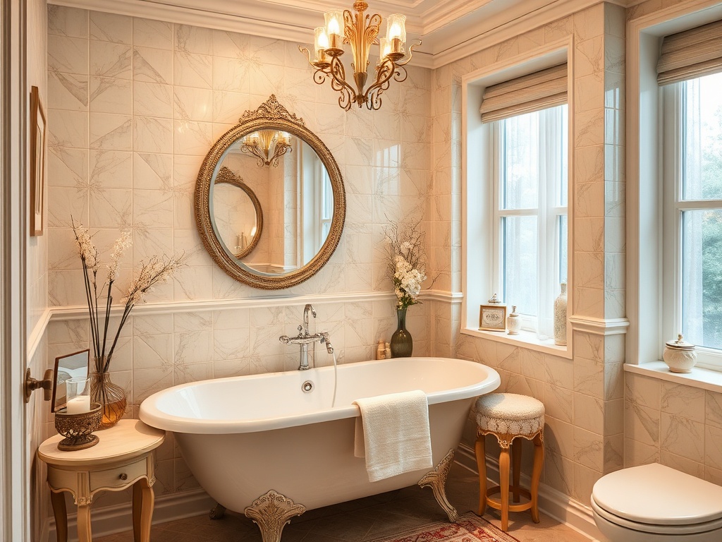 Элегантная ванная комната с круглым зеркалом, белой ванной и двумя окнами. Уютный и светлый интерьер.