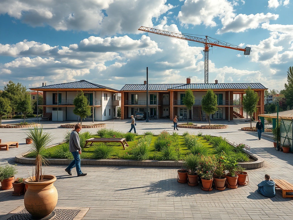 На изображении современные здания, люди гуляют по благоустроенной территории с зелеными насаждениями.