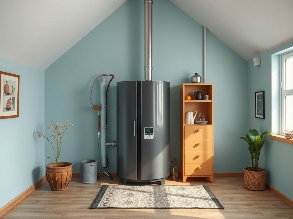 Холодильник в светлой комнате с голубыми стенами, рядом стол, цветы и уютный ковер.