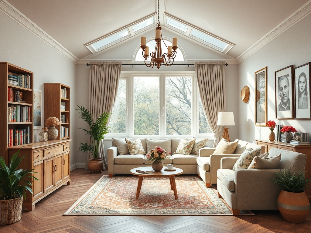 Современная гостиная с мягкой мебелью, книжными полками и большим окном, пропускающим свет.