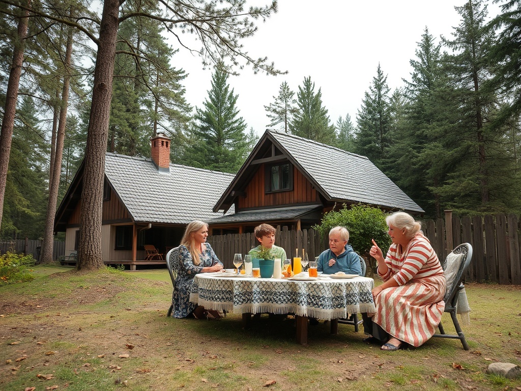 Четыре человека за столом на веранде дома на фоне леса, наслаждаются временем на свежем воздухе.